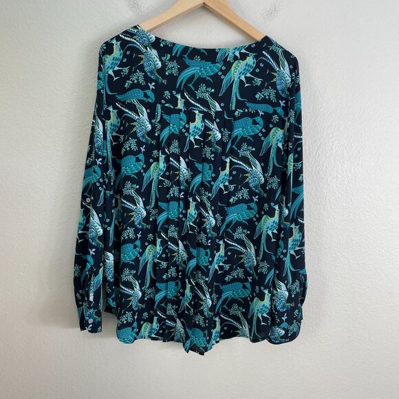 Ann Taylor Loft Womens Large Bird Peacock Print Blouse Long Sleeve Shirt Top - Picture 8 of 9
